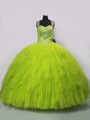 Suitable Floor Length Yellow Green Sweet 16 Dress Tulle Sleeveless Beading and Ruffles