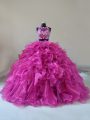 Fuchsia Ball Gown Prom Dress Organza Brush Train Sleeveless Beading and Ruffles