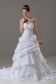 High Quality White Lace Up Wedding Gown Beading and Pick Ups and Hand Made Flower Sleeveless Brush Train