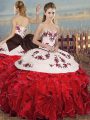 Unique White And Red Sleeveless Embroidery and Ruffles and Bowknot Floor Length Quinceanera Dresses
