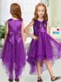 Fashionable Scoop Sleeveless Toddler Flower Girl Dress High Low Sequins and Bowknot Purple Organza