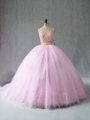 Court Train Two Pieces Quinceanera Dresses Baby Pink Halter Top Tulle Sleeveless Zipper