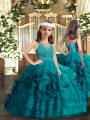 Cheap Floor Length Teal Little Girl Pageant Gowns V-neck Sleeveless Zipper