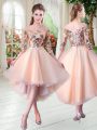 New Arrival Peach Off The Shoulder Lace Up Sequins Evening Dress 3 4 Length Sleeve