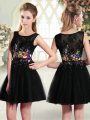 Fine Black Tulle Side Zipper Prom Dresses Sleeveless Mini Length Beading and Embroidery