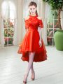 A-line Rust Red High-neck Tulle Short Sleeves High Low Zipper