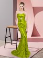 Apple Green Sleeveless Sequined Sweep Train Lace Up Prom Dresses for Prom and Party and Military Ball