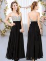 Fashionable Black Empire Chiffon V-neck Sleeveless Beading Floor Length Backless Wedding Party Dress