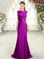 Flirting Scoop Sleeveless Sweep Train Backless Beading and Lace Dress for Prom in Eggplant Purple and Purple