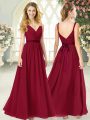 Wine Red Empire Chiffon V-neck Sleeveless Ruching Floor Length Backless Homecoming Dress