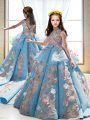 Blue Kids Pageant Dress High-neck Sleeveless Court Train Backless