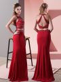 Red Two Pieces Beading Prom Party Dress Backless Elastic Woven Satin Sleeveless Floor Length