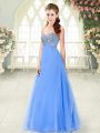 Floor Length Blue Prom Gown Tulle Sleeveless Beading