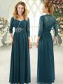 Flirting Short Sleeves Chiffon Sweep Train Zipper Prom Dresses in Teal with Beading and Ruching