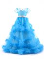 High Quality Beading and Ruffles Child Pageant Dress Baby Blue Backless Short Sleeves Floor Length