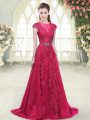 Pink A-line Beading and Lace and Appliques Evening Dress Zipper Tulle Cap Sleeves