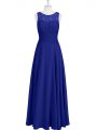 Royal Blue Empire Lace and Pleated Dress for Prom Zipper Chiffon Sleeveless Floor Length