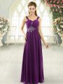 Dark Purple Empire Spaghetti Straps Sleeveless Chiffon Floor Length Lace Up Beading and Ruching Homecoming Dress