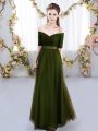 Empire Quinceanera Dama Dress Olive Green Off The Shoulder Tulle Short Sleeves Floor Length Lace Up