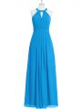 Custom Designed Blue Zipper Prom Party Dress Ruching Sleeveless Floor Length