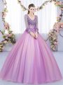 Best V-neck Long Sleeves Sweet 16 Quinceanera Dress Floor Length Lace and Appliques Lilac Tulle