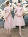 Tea Length A-line Half Sleeves Pink Prom Dress Zipper
