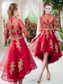 Romantic High Low Red Prom Party Dress High-neck Half Sleeves Zipper