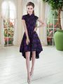 High End High-neck Short Sleeves Prom Evening Gown High Low Appliques Purple Lace