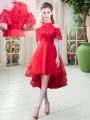 Latest Red High-neck Zipper Lace Prom Dress Short Sleeves
