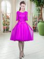 Low Price Lace Prom Party Dress Fuchsia Lace Up Half Sleeves Knee Length