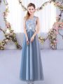 Customized A-line Wedding Guest Dresses Blue Scoop Tulle Sleeveless Floor Length Lace Up