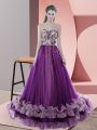 Customized A-line Sleeveless Purple Prom Evening Gown Sweep Train Lace Up