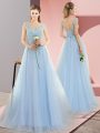 High End Blue Prom Gown Prom and Party with Beading V-neck Sleeveless Sweep Train Lace Up
