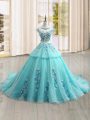 Eye-catching Scoop Cap Sleeves Tulle Quinceanera Dress Appliques Brush Train Lace Up