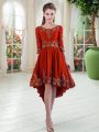 Best Red Satin Lace Up Scoop Long Sleeves High Low Prom Dress Embroidery