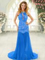 Blue Backless Scoop Lace Prom Gown Chiffon Sleeveless Brush Train