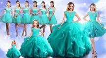 Scoop Cap Sleeves Lace Up Beading Quinceanera Dresses in Aqua Blue