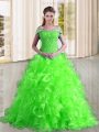 Dazzling Beading and Lace and Ruffles Quince Ball Gowns Lace Up Sleeveless Sweep Train