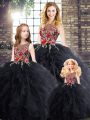 Black Scoop Neckline Embroidery and Ruffles Sweet 16 Quinceanera Dress Sleeveless Zipper