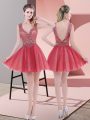 Watermelon Red A-line V-neck Sleeveless Tulle Mini Length Backless Beading Prom Dress