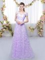 Fantastic Tulle Off The Shoulder Cap Sleeves Lace Up Appliques Quinceanera Court of Honor Dress in Lavender