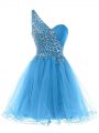 Blue One Shoulder Neckline Beading Prom Dress Sleeveless Lace Up
