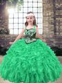 Sleeveless Floor Length Embroidery and Ruffles Lace Up Little Girls Pageant Gowns with Green