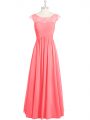 Chiffon Scoop Cap Sleeves Zipper Lace Prom Gown in Pink