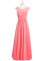 Chiffon Scoop Cap Sleeves Zipper Lace Prom Gown in Pink