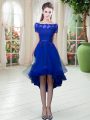 Short Sleeves High Low Appliques Lace Up Prom Gown with Royal Blue