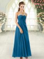 Sleeveless Chiffon Ankle Length Zipper Evening Dress in Blue with Ruching