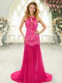 Superior Backless Prom Gown Hot Pink for Prom and Party with Lace Brush Train