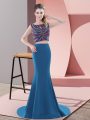 Glorious Teal Two Pieces Satin Scoop Sleeveless Beading Backless Sweep Train