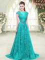Aqua Blue and Green Zipper Scoop Beading and Lace Prom Dresses Tulle Cap Sleeves Sweep Train